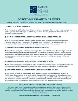 Forced Marriage Fact Sheet Everyone Has the Right to Decide Whether, When, and Whom to Marry