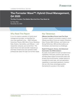 The Forrester Wave™: Hybrid Cloud Management, Q4 2020 the Nine Providers That Matter Most and How They Stack up by Tracy Woo November 30, 2020