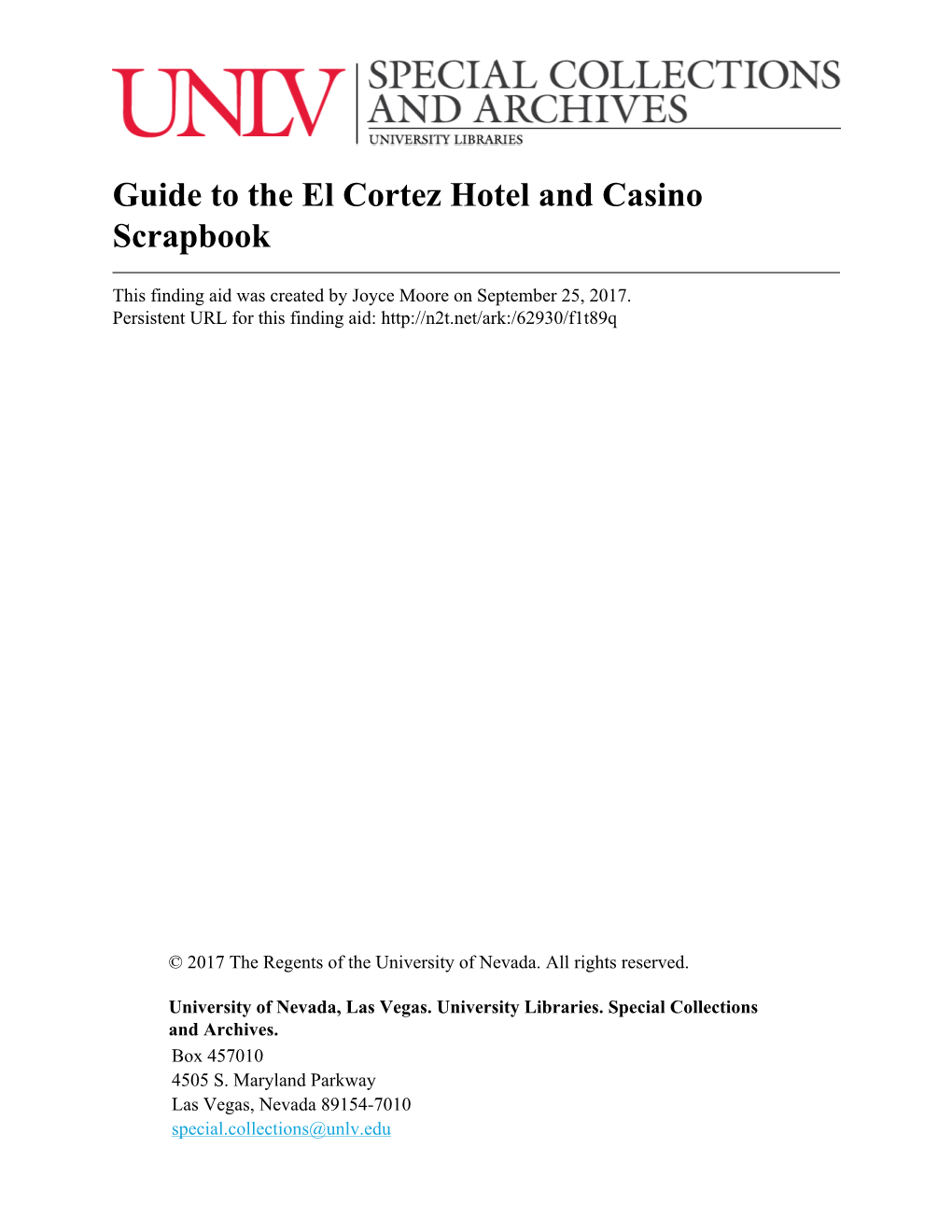 Guide to the El Cortez Hotel and Casino Scrapbook