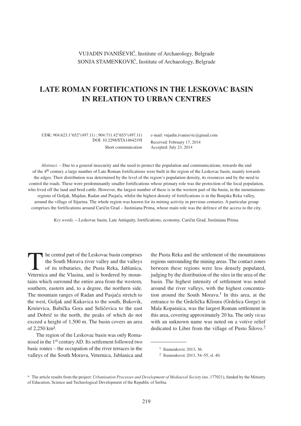 Late Roman Fortifications in the Leskovac Basin in Relation to Urban Centres