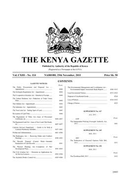 THE KENYA GAZETTE Published by Authority of the Republic of Kenya (Registered As a Newspaper at the G.P.O.)