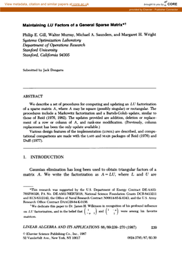 Maintaining LU Factors of a General Sparse Matrix*+ Department of Operations Research Stanford Uniuersity Stanfmd, Califmiu 9430