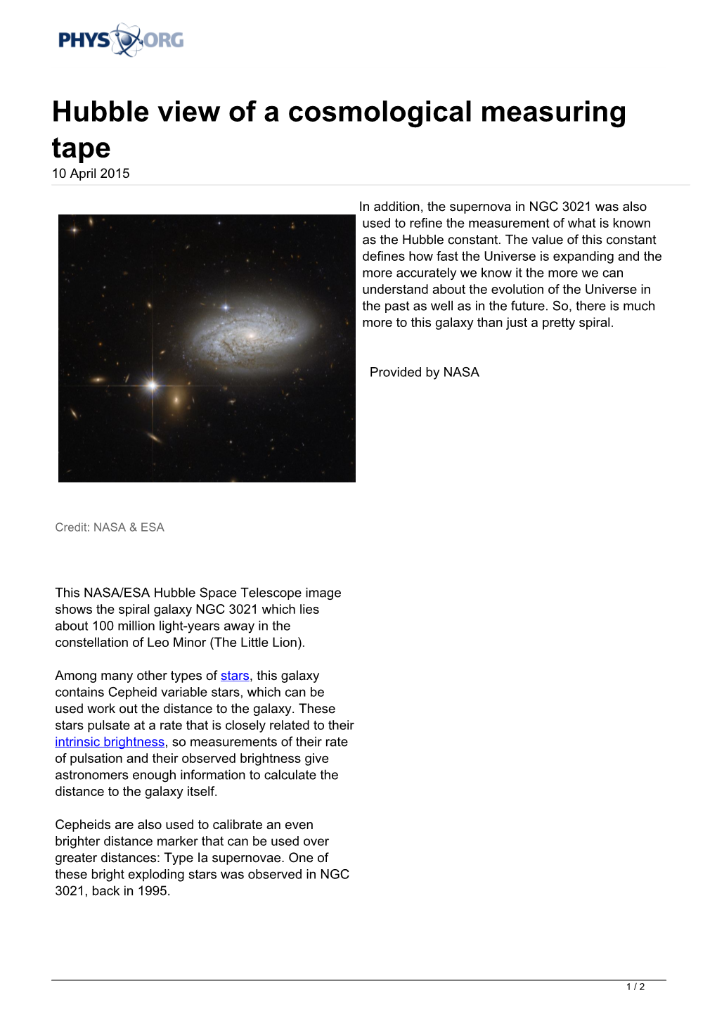 Hubble View of a Cosmological Measuring Tape 10 April 2015
