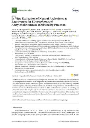 In Vitro Evaluation of Neutral Aryloximes As Reactivators for Electrophorus Eel Acetylcholinesterase Inhibited by Paraoxon