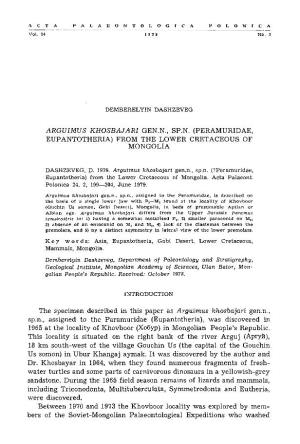 ARGUIMUS KHOSBAJARI GEN.N., SP.N. (PERAMURIDAE, EUPANTOTHERIA) from the LOWER CRETACEOUS of MONGOLIA the Specimen Described in T