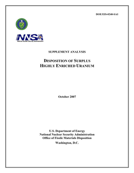 DOE/EIS-0240-SA-1: Supplement Analysis for the Disposition Of