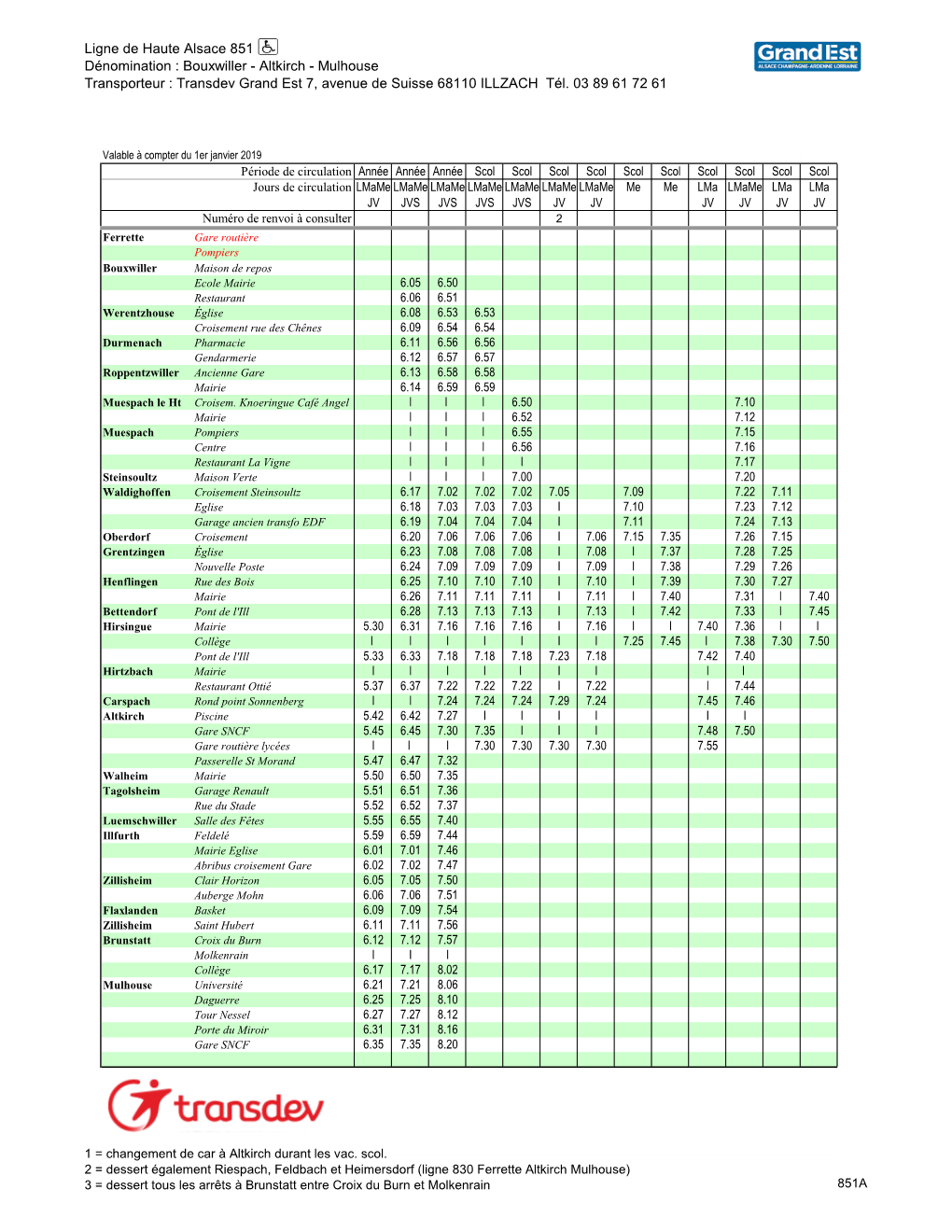 Bouxwiller - Altkirch - Mulhouse Transporteur : Transdev Grand Est 7, Avenue De Suisse 68110 ILLZACH Tél
