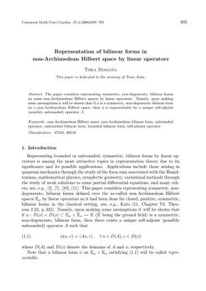 Representation of Bilinear Forms in Non-Archimedean Hilbert Space by Linear Operators