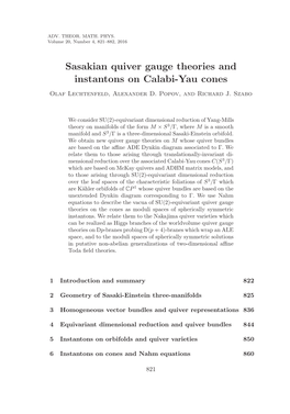 Sasakian Quiver Gauge Theories and Instantons on Calabi-Yau Cones Olaf Lechtenfeld, Alexander D
