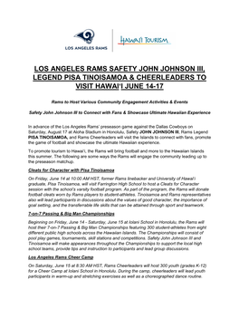 Los Angeles Rams Safety John Johnson Iii, Legend Pisa Tinoisamoa & Cheerleaders to Visit Hawai‘I June 14-17