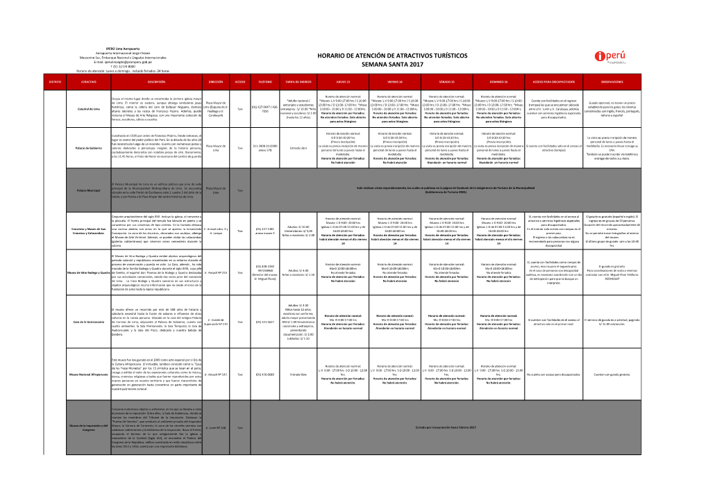 Horario De Atención De Atractivos Turísticos