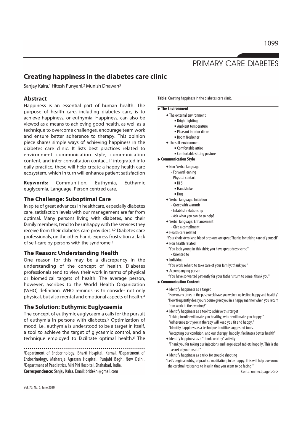 PRIMARY CARE DIABETES Creating Happiness in the Diabetes Care Clinic Sanjay Kalra,1 Hitesh Punyani,2 Munish Dhawan3