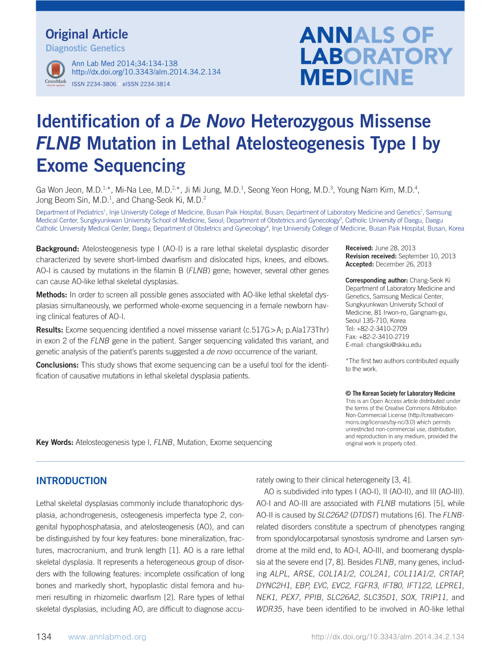 Identification of a De Novo Heterozygous Missense FLNB Mutation in Lethal Atelosteogenesis Type I by Exome Sequencing