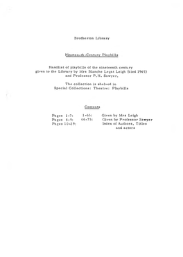 Brotherton Library Nineteenth-Century Playbills Handlist of Playbills of the Nineteenth Century Given to the Library by Mrs Blan