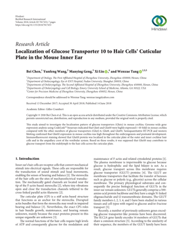Localization of Glucose Transporter 10 to Hair Cells' Cuticular Plate In