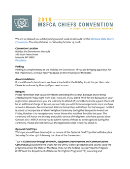 We Are So Pleased You Will Be Joining Us Next Week in Missoula for the Montana State Chiefs Convention, Thursday October 11 - Saturday October 13, 2018