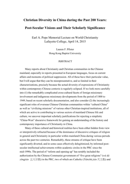 Christian Diversity in China During the Past 200 Years