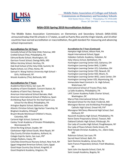MSA-CESS Spring 2019 Accreditation Actions