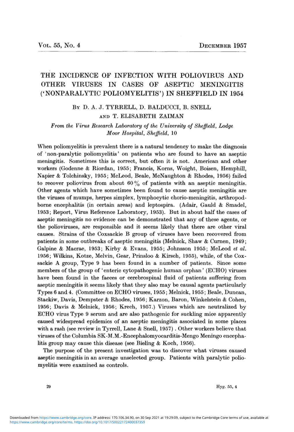 The Incidence of Infection with Poliovirus and Other Viruses in Cases of Aseptic Meningitis ('Nonparalytic Poliomyelitis') in Sheffield in 1954