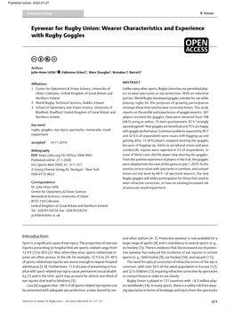 Eyewear for Rugby Union: Wearer Characteristics and Experience with Rugby Goggles