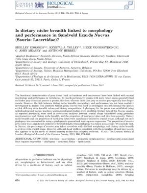 Is Dietary Niche Breadth Linked to Morphology and Performance in Sandveld Lizards Nucras (Sauria: Lacertidae)?