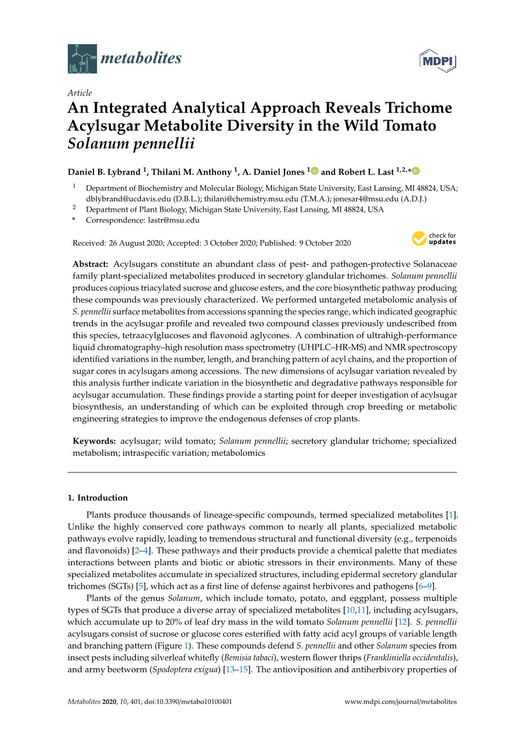 An Integrated Analytical Approach Reveals Trichome Acylsugar Metabolite Diversity in the Wild Tomato Solanum Pennellii