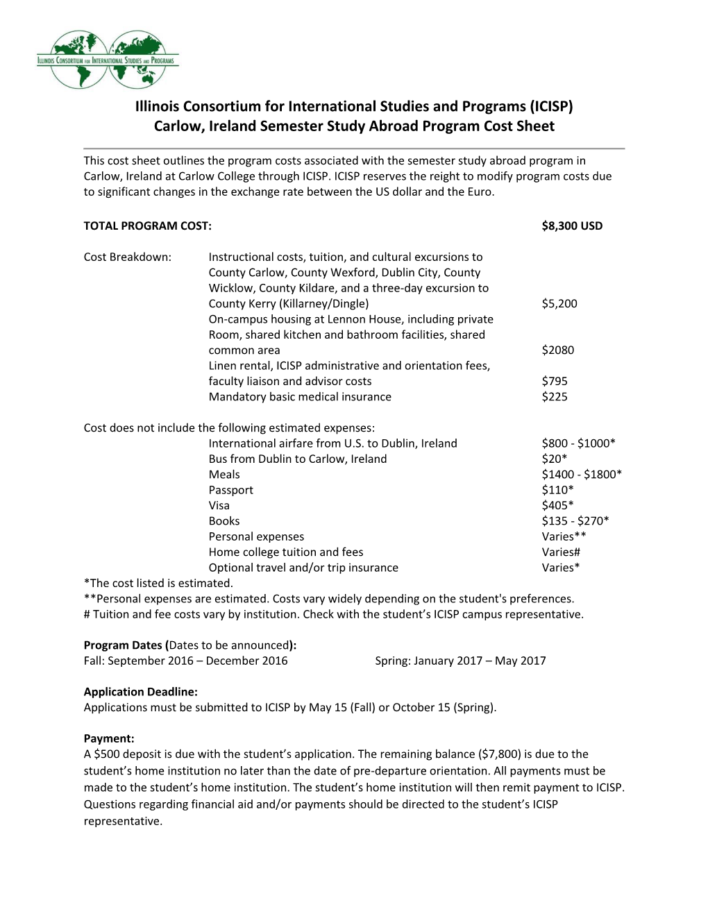 Illinois Consortium for International Studies and Programs (ICISP) Carlow, Ireland Semester Study Abroad Program Cost Sheet