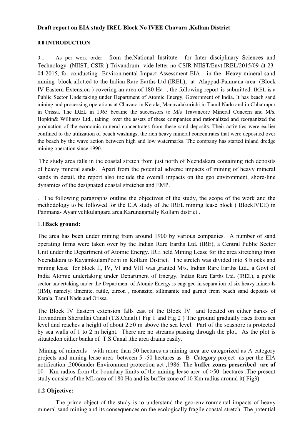 Draft Report on EIA Study IREL Block No IVEE Chavara ,Kollam District