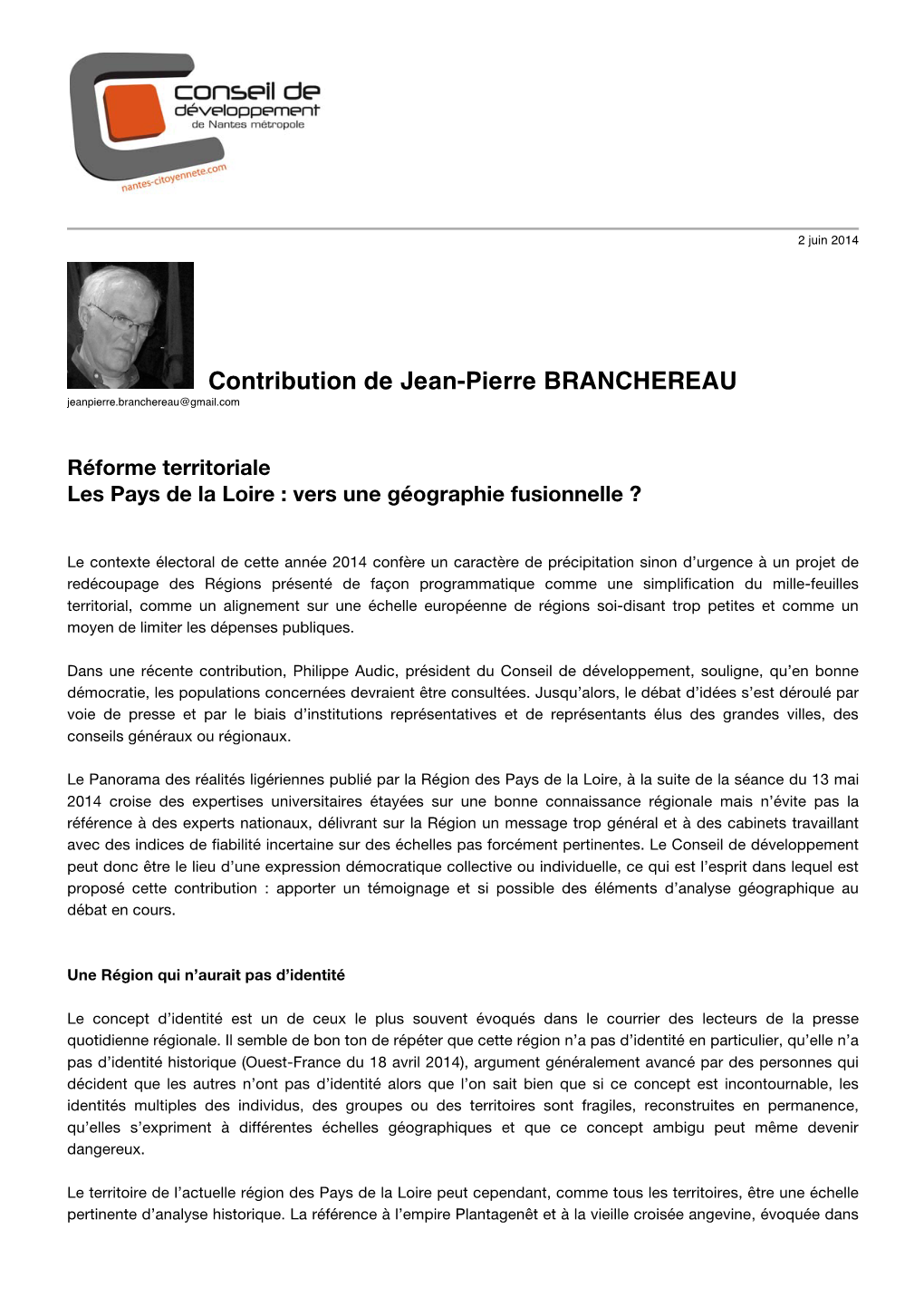 Contribution De Jean-Pierre BRANCHEREAU Jeanpierre.Branchereau@Gmail.Com