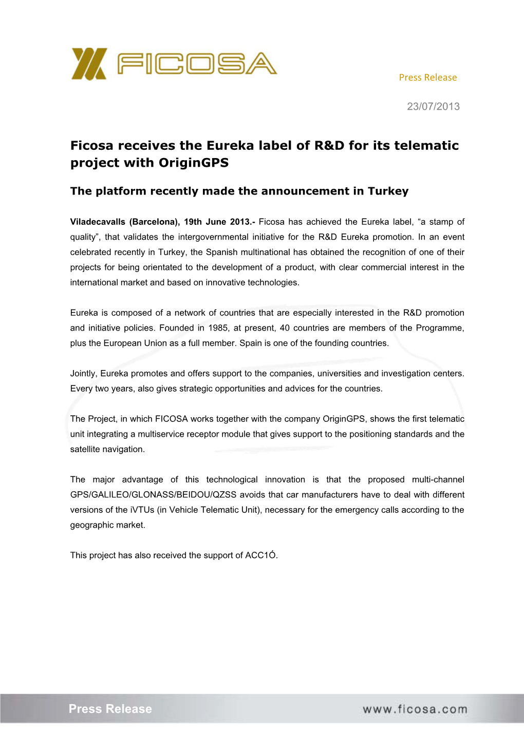 Press Release Ficosa Receives the Eureka Label of R&D for Its Telematic