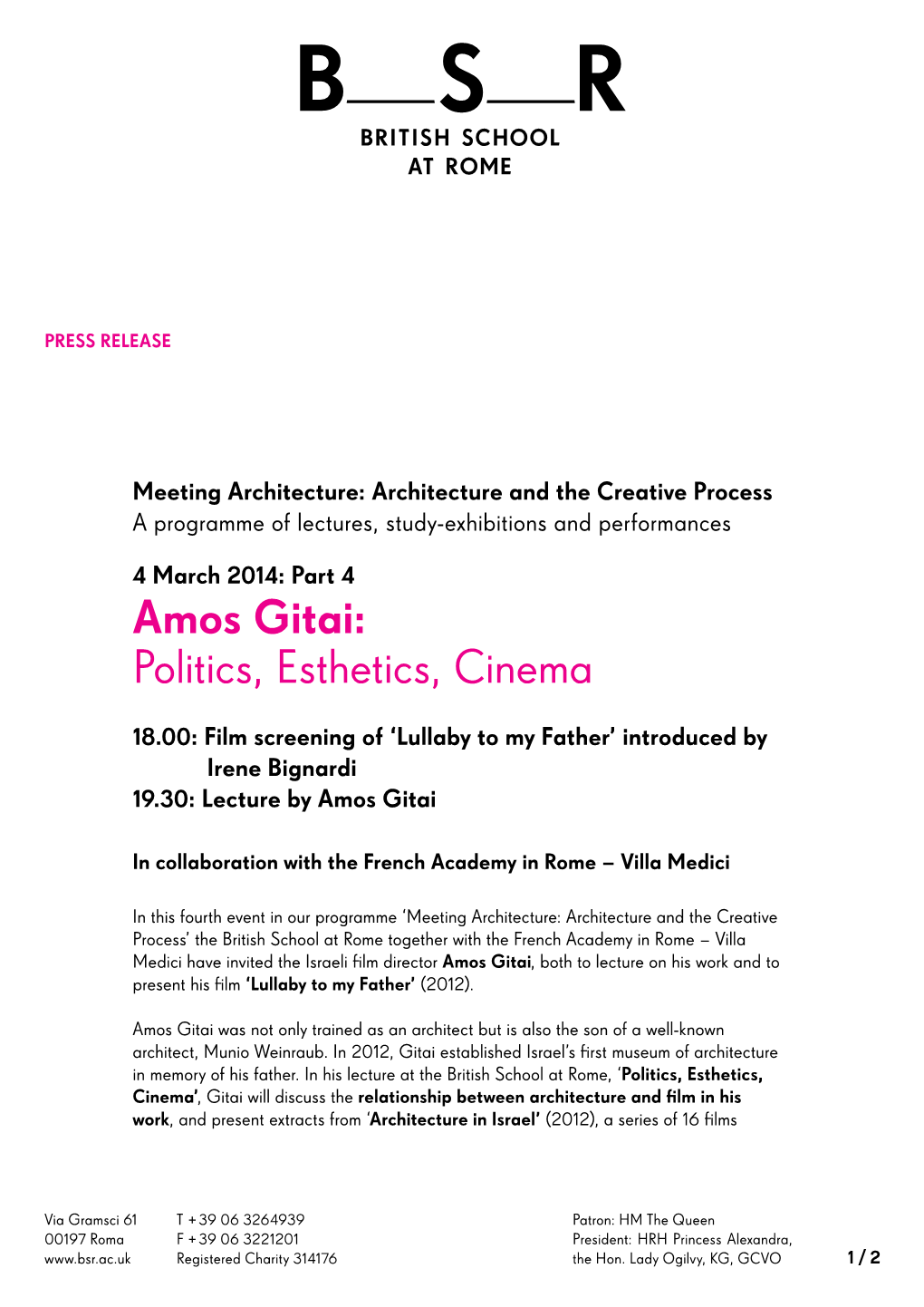 Amos Gitai: Politics, Esthetics, Cinema