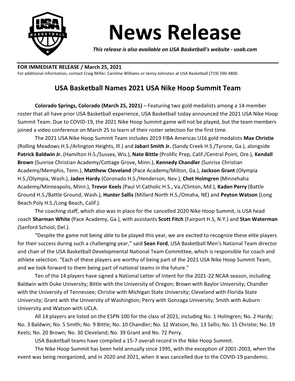 News Release This Release Is Also Available on USA Basketball's Website - Usab.Com