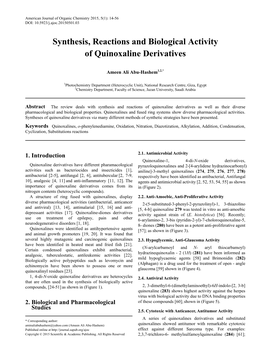 Synthesis, Reactions and Biological Activity of Quinoxaline Derivatives