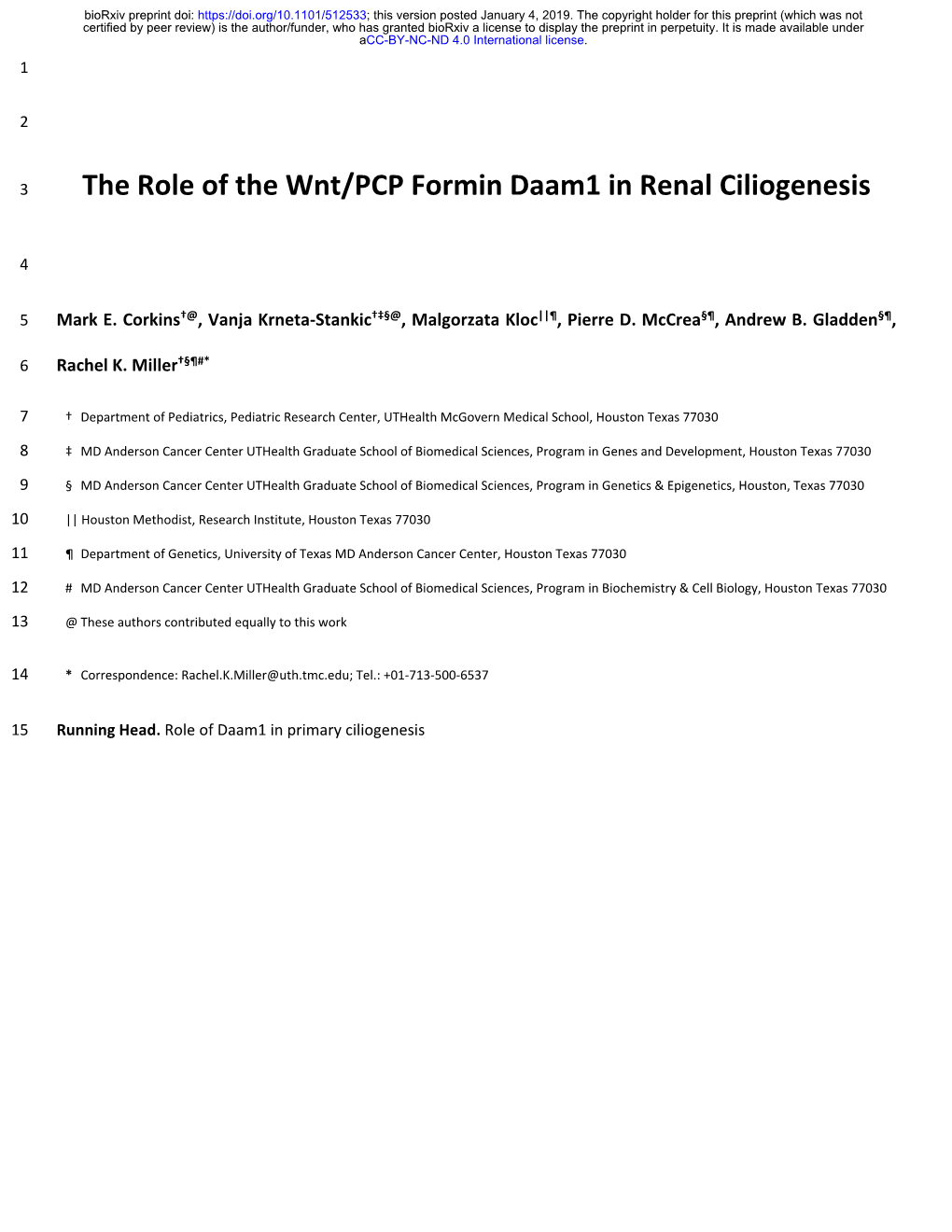 The Role of the Wnt/PCP Formin Daam1 in Renal Ciliogenesis