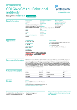 GOLGA2/GM130 Polyclonal Antibody Catalog Number:11308-1-AP 42 Publications