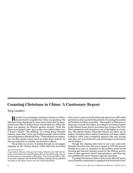 Counting Christians in China: a Cautionary Report Tony Lambert
