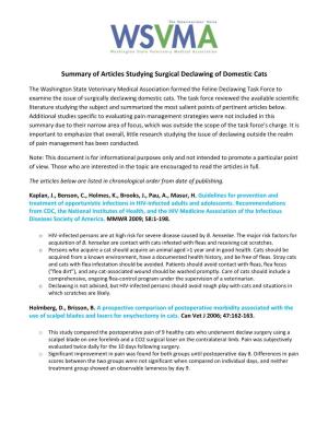 Summary of Articles Studying Surgical Declawing of Domestic Cats