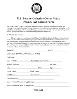 U.S. Senator Catherine Cortez Masto Privacy Act Release Form