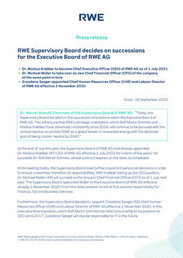 RWE Supervisory Board Decides on Successions for the Executive Board of RWE AG