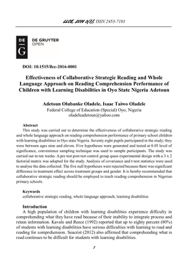 Effectiveness of Collaborative Strategic Reading and Whole