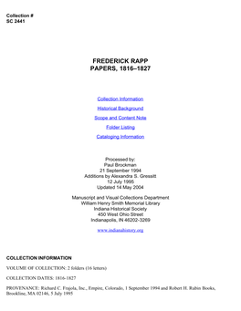 Frederick Rapp Papers, 1816-1827
