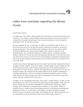 Letter from Scientists Regarding the Boreal Forest