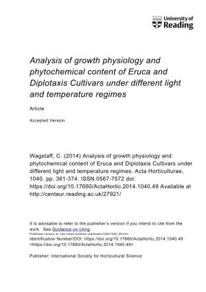 Analysis of Growth Physiology and Phytochemical Content of Eruca and Diplotaxis Cultivars Under Different Light and Temperature Regimes