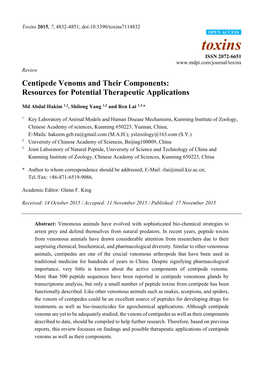 Centipede Venoms and Their Components: Resources for Potential Therapeutic Applications