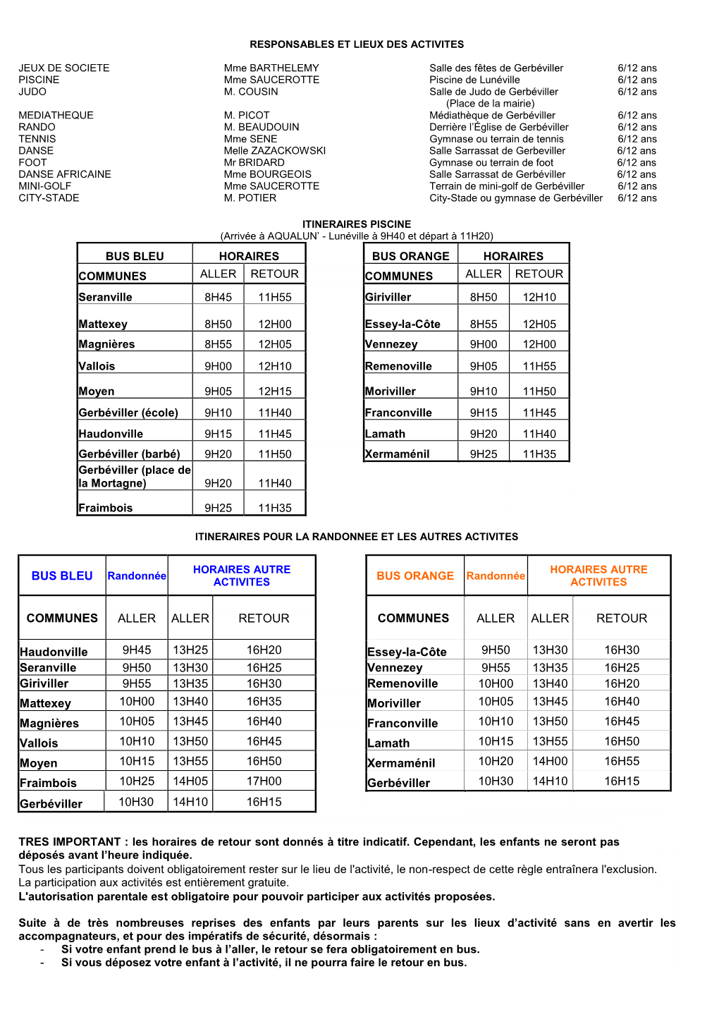 Fiche Horaires Et Club