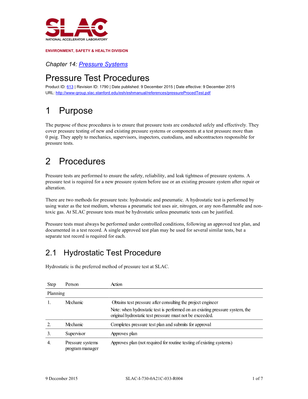 Pressure Test Procedures