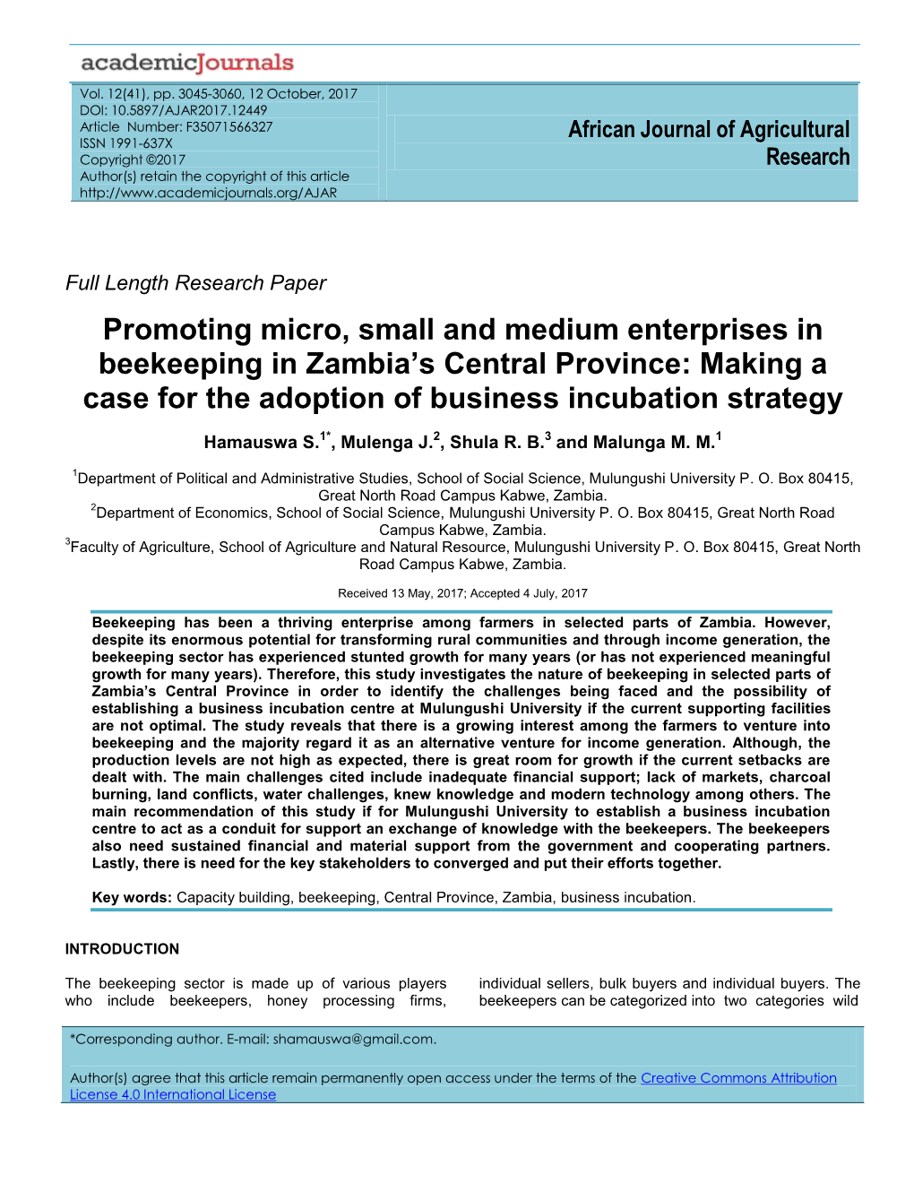 Promoting Micro, Small and Medium Enterprises in Beekeeping in Zambia's Central Province