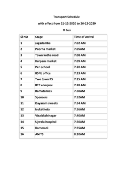 Transport Schedule with Effect from 21-12-2020 to 26-12-2020 D Bus Sl
