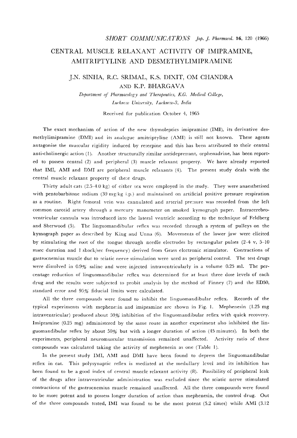 Central Muscle Relaxant Activity of Imipramine, Amitriptyline and Desmethylimipramine