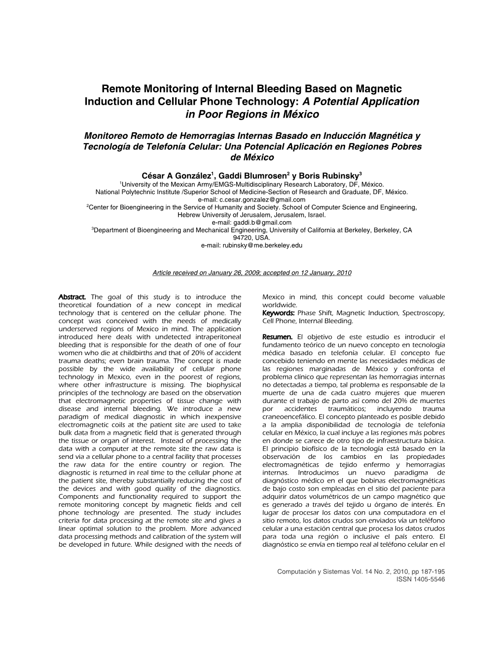 Remote Monitoring of Internal Bleeding Based on Magnetic Induction and Cellular Phone Technology: a Potential Application in Poor Regions in México